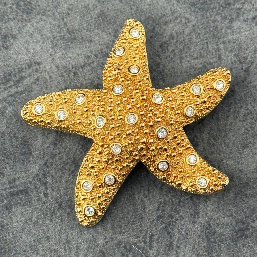 Vintage Swarovski Starfish Sea Star Rhinestone Crystal Gold Tone Brooch Pin 2"